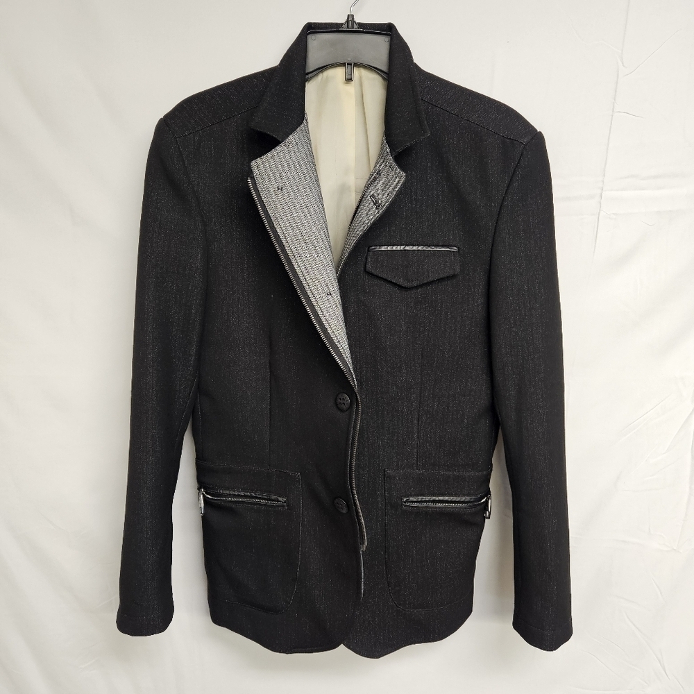 RNT23 Black Tonal Striped Poly Stretch Zip Blazer Jacket Sport Coat 36